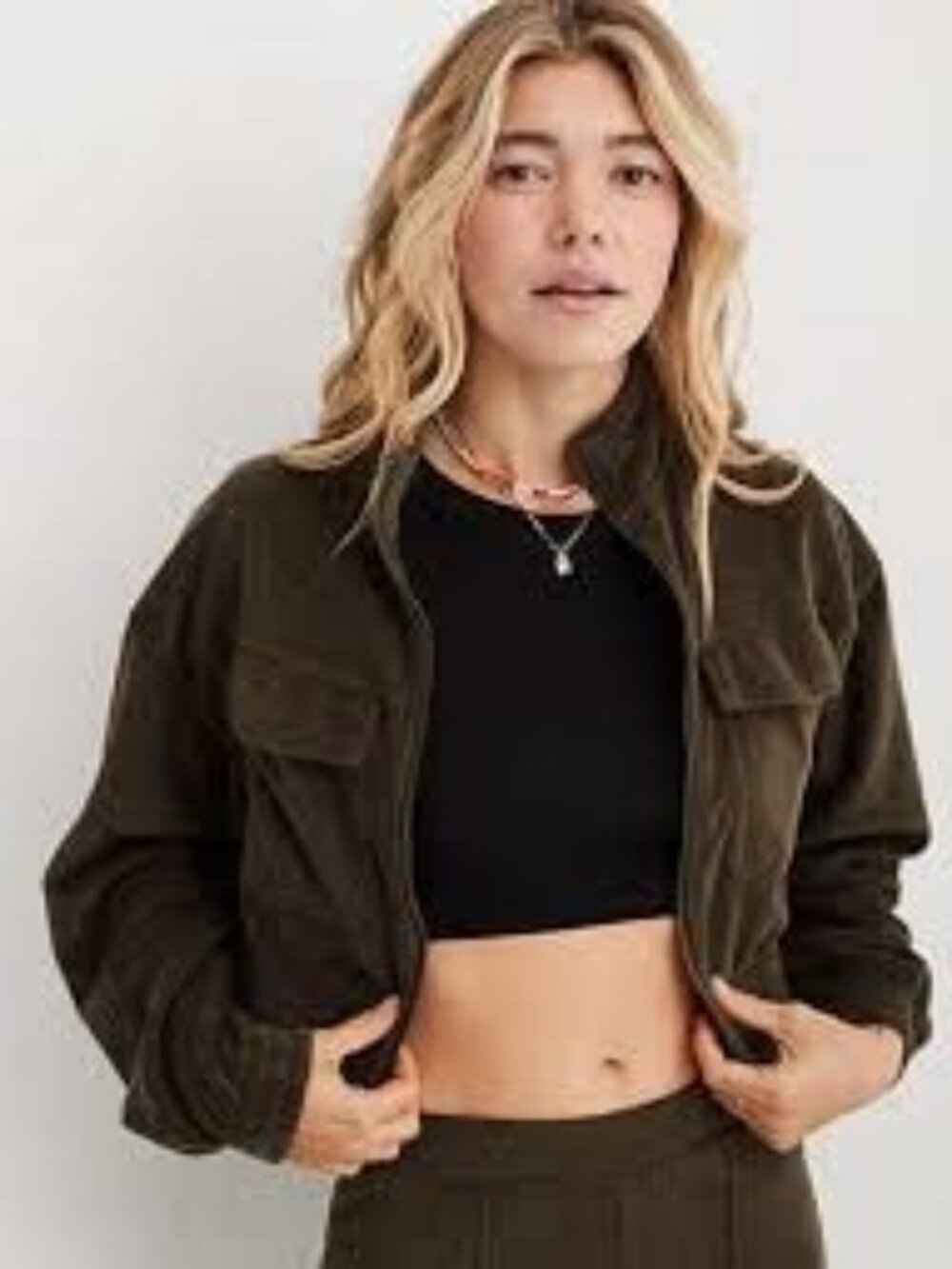Aerie cropped zip-up corduroy jacket olive green women's size L